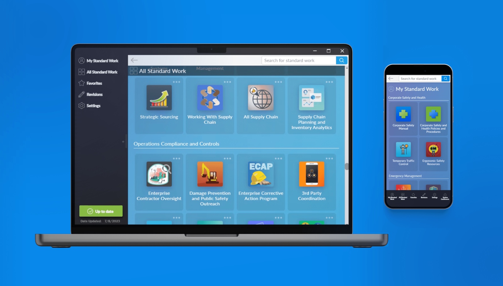 The application is shown on both a laptop and mobile device.