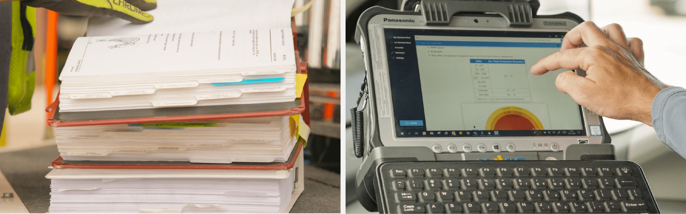 A stack of large binders compared to accessing the information on a screen.