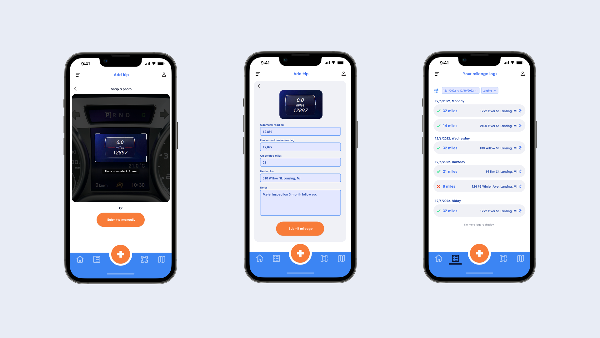 Fleet mileage app flow for recording miles.