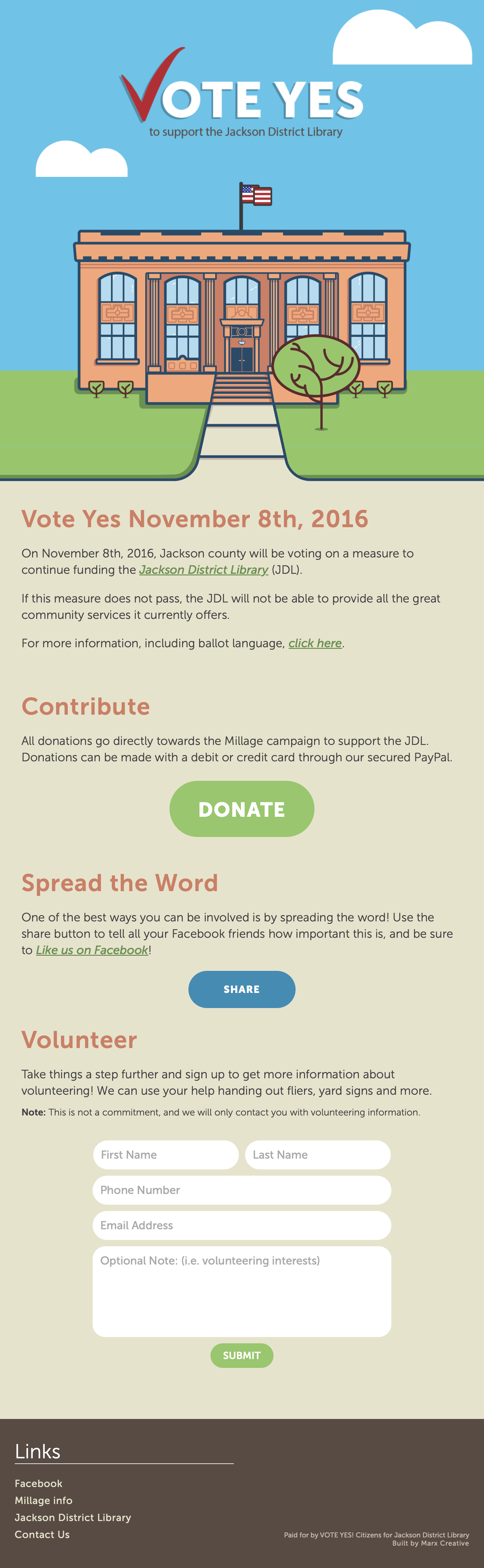 Screenshot of the Vote Yes JDL Site, showing illustration, details and contact form