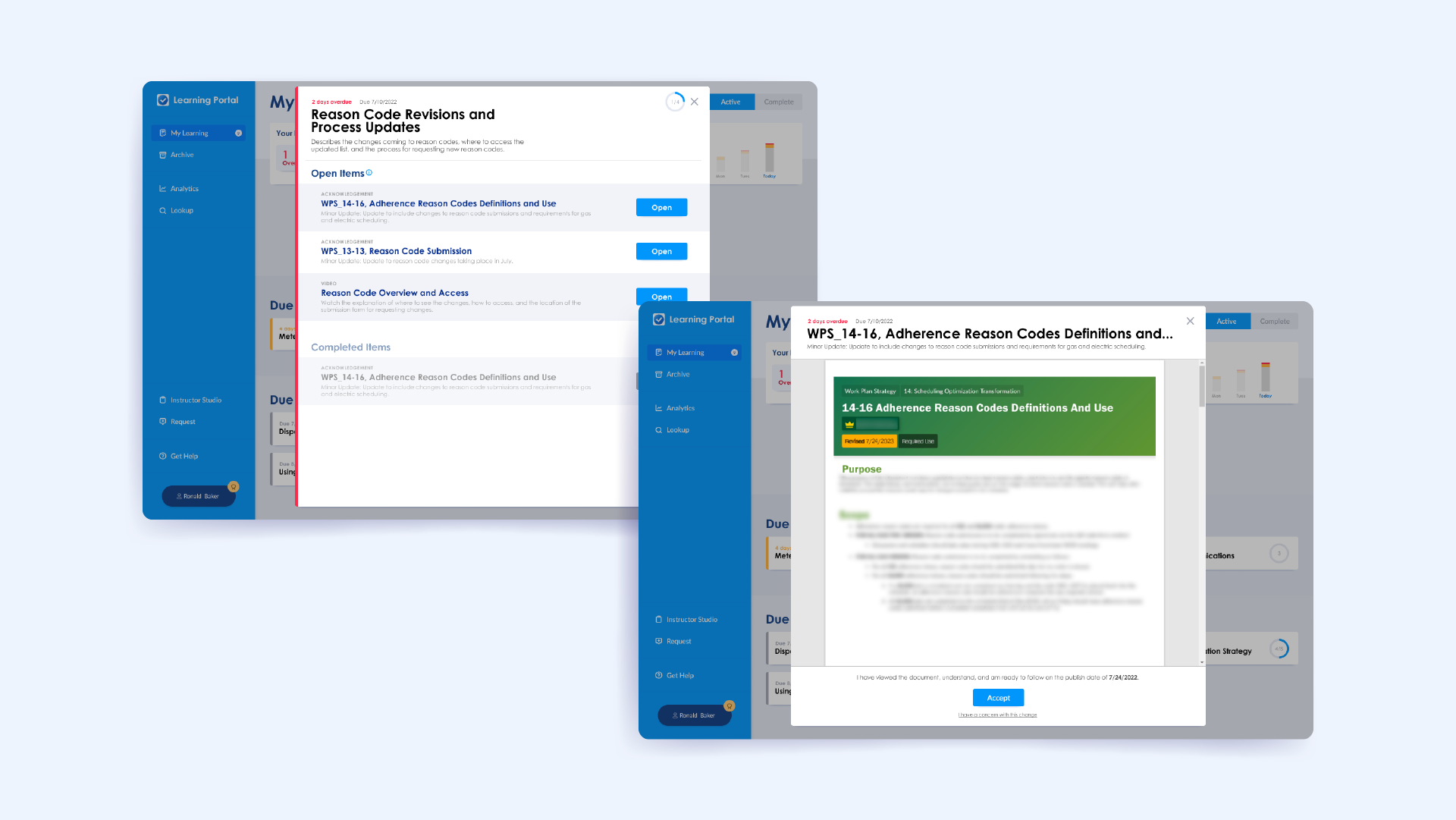 Two screens showing a list of learning tasks and an open task.